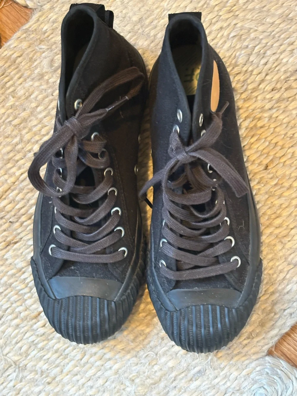 P.F. Flyers Black High-Top Canvas Sneakers with Tan Logo Patch